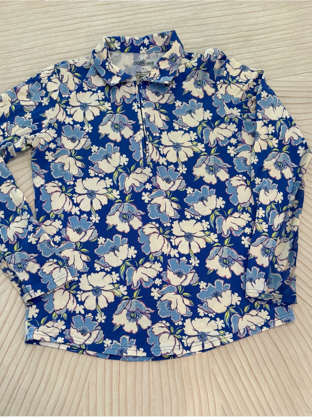 SanSoleil Blue Floral Long-Sleeve Quarter Zip golf pickleball